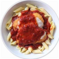 Penne With Chicken Parm · Penne Pasta served with our all natural marinara sauce, includes our breaded chicken parm, t...