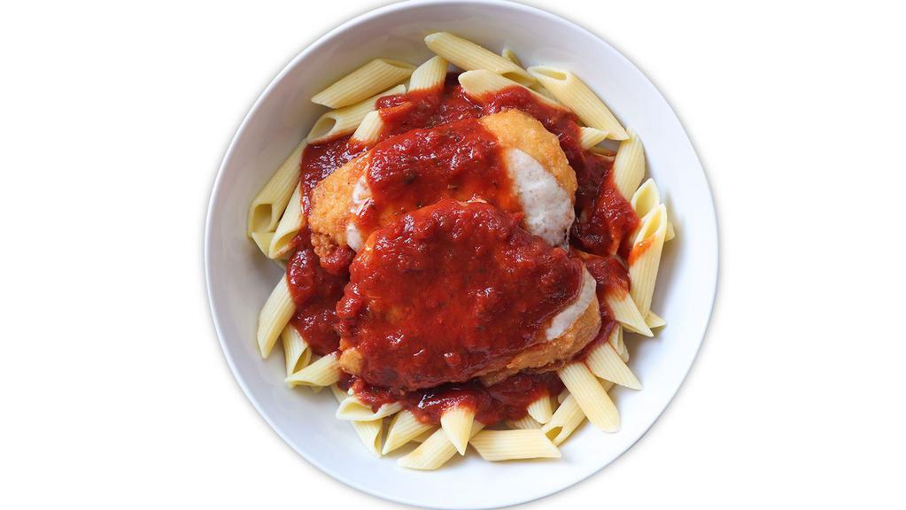 Penne With Chicken Parm · Penne Pasta served with our all natural marinara sauce, includes our breaded chicken parm, topped with provolone cheese and a side of garlic bread.