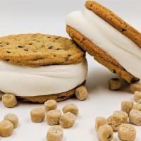 Homemade Chocolate Chip Cookie Ice Cream Sandwich · Vanilla ice cream between two homemade chocolate chip cookies.