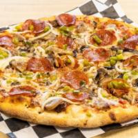 Supreme · Pepperoni, sausage, hamburger, peppers, onions and mushroom with mozzarella cheese a red sau...