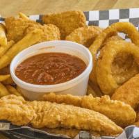 Appetizer Combo · Chicken fingers, mozzarella sticks, onion rings, fries and broccoli cheddar bites. Served wi...
