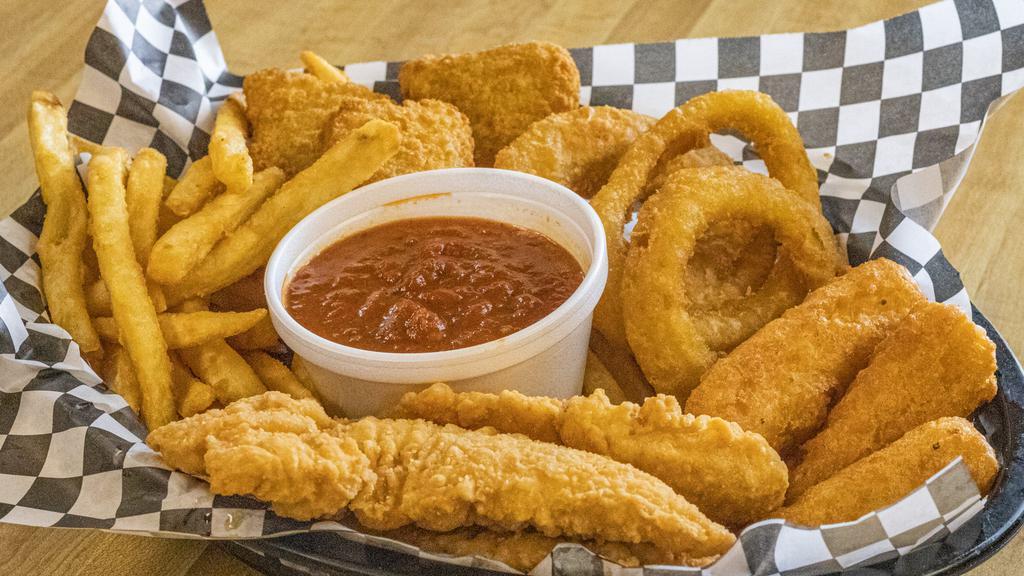 Appetizer Combo · Chicken fingers, mozzarella sticks, onion rings, fries and broccoli cheddar bites. Served with a side of our marinara.