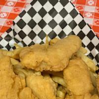 Chicken Fingers & Fries · 100% white meat chicken tenders served over a bed of our fries and with your choice of dippi...