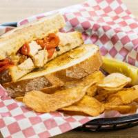 Chipotle Chicken Grilled Cheese · Grilled chicken, roasted red peppers, pepper jack cheese and chipotle mayo  all piled on thi...