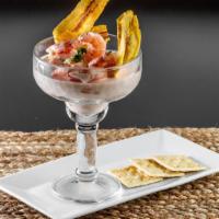 Colombian Ceviche · Shrimp cocktail in Colombian Sauce served with Plantain Chips and Soda Crackers