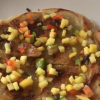 Scallion Pancake · Pan fried vegetarian pancake with bits of scallions, home-made mango salsa and hoisin sauce.