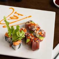 Feng Chef Roll · Salmon, yellowtail, tuna, tobiko, radish sprouts, asparagus, avocado, spicy mayo, and BBQ ee...