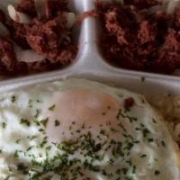 Cornsilog · Corn beef, garlic rice, eggs.