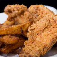 Chicken Tenders · Crispy chicken breast, buttermilk dip, fries