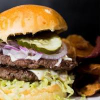 Cheeseburger · Double-stack beef patties, cooper sharp cheese, miso maple mustard aioli, pickles, red onion...