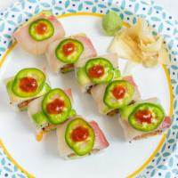Kiss The Fire Maki (8 Pieces) · Spicy. Raw & undercooked. Spicy salmon, avocado inside, top with yellowtail, avocado, jalape...