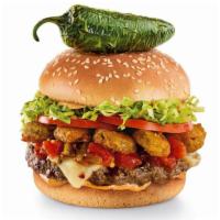 Burnin’ Love Burger® · Fried jalapeño coins, house-made salsa, Pepper-Jack, lettuce, tomatoes and chipotle aioli .
...