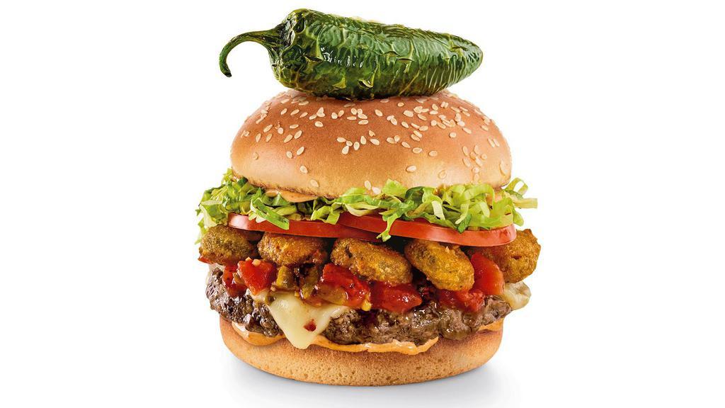 Burnin’ Love Burger® · Fried jalapeño coins, house-made salsa, Pepper-Jack, lettuce, tomatoes and chipotle aioli .
 910 cal.