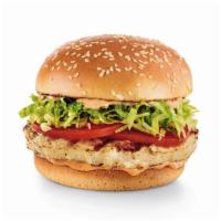 Grilled Turkey Burger · Seasoned turkey patty, lettuce, tomatoes and chipotle aioli on a sesame bun. 670 cal.