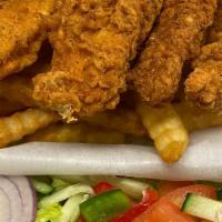 Chicken Finger · Breaded and fried chicken strips.