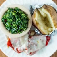 Grilled Chicken Breast · Topped with Spinach Sautéed In Garlic & Oil, And with Melted Provolone Cheese.