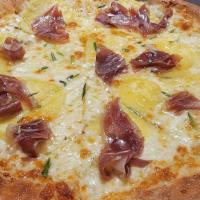 Dream On Pizza · Sliced potatoes, rosemary, prosciutto, fried garlic, mozzarella, and Cheddar cheese with hon...