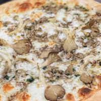 The Parklands Pizza · Garlic oil sauce, mushrooms duxelles, mozzarella, and Romano cheese.