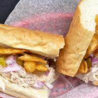 Wicked Tuna · Albacore tuna, tomatoes, red onions, pickles, provolone cheese and house made chips.