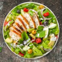 Cookout Chicken Greek Salad · Grilled chicken, romaine lettuce, cucumbers, tomatoes, red onions, olives, and feta cheese t...
