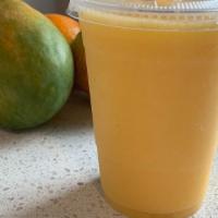 Mango-Pine-O · 16 oz, mango, pineapple, orange juice, ice.