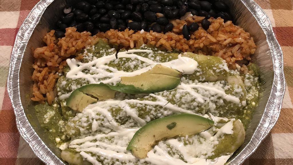 Enchilada · 3 flour corn tortilla, rolled with your choice of  meat topped with green sauce, queso fresco, sour cream, and avocado.