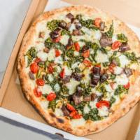 Vegetarian Pizza · Fresh mozzarella cheese, broccoli rabe, eggplant, fresh garlic, basil and cherry tomatoes.