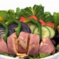 Chef'S Salad · Crisped lettuce, cucumbers, tomatoes, onions, green peppers, olives, pepperoncini, ham, Turk...