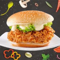 Chicken Crunch Burger  · Crisp chicken patties served with house sauce, mixed green, sauteed onions, pickles and buff...