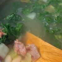 Kale Minestrone Soup · 16 oz container - kale and other vegetables, white beans, simmered in broth.