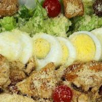 Grilled Chicken Caesar Salad · Grilled chicken, Parmesan cheese, croutons, Caesar dressing, cherry tomatoes.