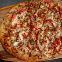Chicken Flatbread · Grilled chicken, roasted red peppers and mozzarella cheese. Comes with a side of Santucci sa...