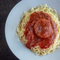 Kid'S Pasta And Meatball · Homemade meatball with marinara sauce tossed in your choice of angel hair spaghetti, penne, ...