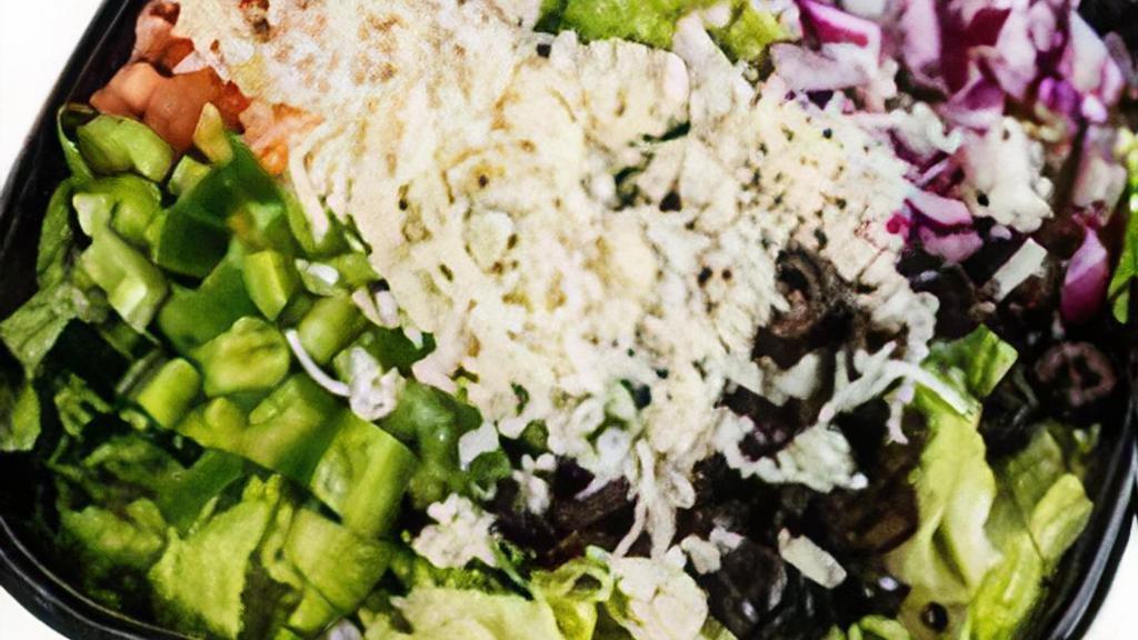 Regular Salad · Romaine Lettuce, Green Peppers, Red Onions, Black Olives, Tomatoes and Mozzarella Cheese