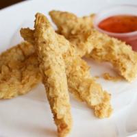 Chicken Fingers · Marinated chicken tenders dipped in crispy flakes and deep-­fried, served with sweet & sour ...