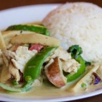 Green Curry - Spicy · Spicy. Green curry, coconut milk, peppers, basil, peas, eggplant, bamboo shoot, zucchini & m...