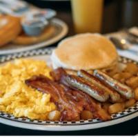 The Wayland Warrior · 4 eggs any style, 4 silver dollar pancakes, 3 slices of bacon, 3 sausage links, home fries, ...