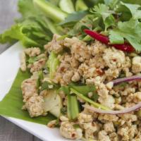 Larb Salad · Recommended. Toss with lime juice, roasted rice, red onion, scallion, cilantro served on a b...