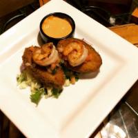 Ap: Fried Avocado Shrimp · A split avocado, beer battered and lightly fried, stuffed with grill shrimop. Topped with pi...