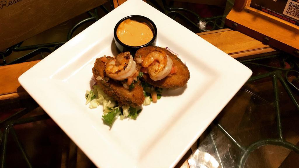 Ap: Fried Avocado Shrimp · A split avocado, beer battered and lightly fried, stuffed with grill shrimop. Topped with pico de gallo and served with ranch or chipotle cream sauce.