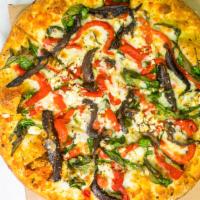 Portabella Mushroom Pizza · Garlic herb sauce, mozzarella cheese, portabella mushrooms, roasted red peppers, baby spinac...