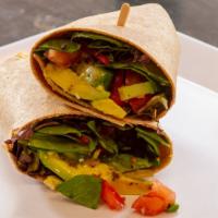 Veggie Wrap · Vegan and vegetarian. Avocado, cucumber, mixed greens, tomato, roasted red peppers, everythi...