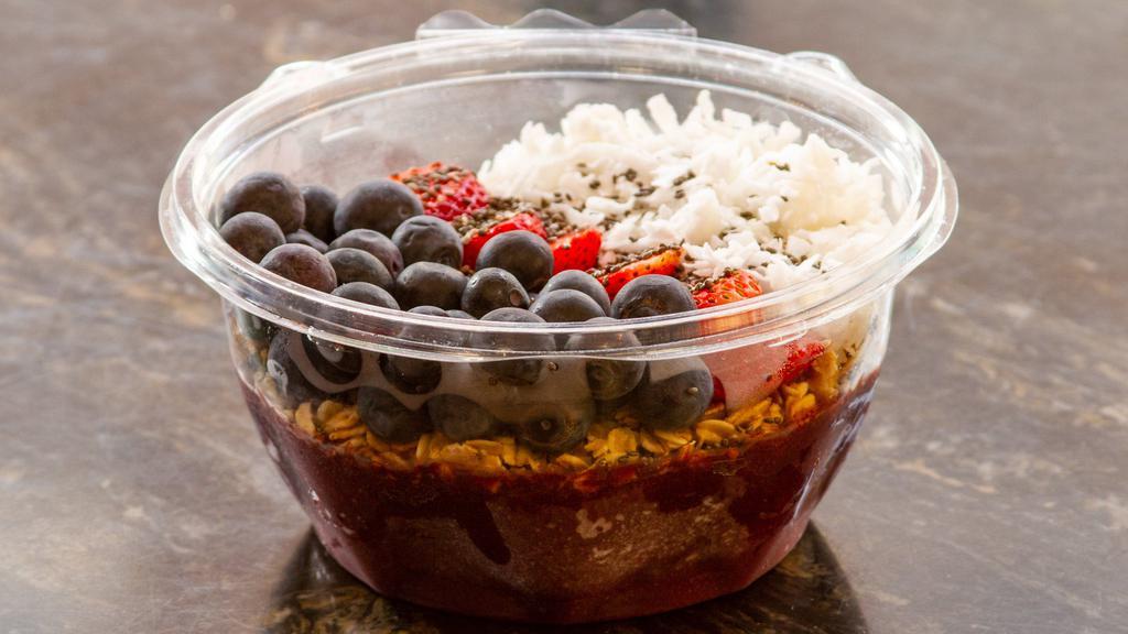 Bowl#1 Acai · Vegetarian. Organic Acai Base topped with granola, fresh strawberries, shredded coconut & chia seeds