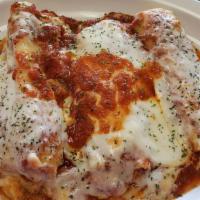 Manicotti · A large tube of fresh pasta stuffed with a blend of soft cheese.