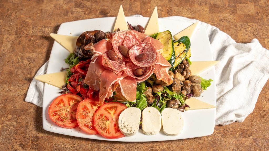 Antipasto Freddo Alla Tarantella (For 2) · Assorted appetizers consisting of imported prosciutto,salami, provolone, fresh mozzarella and olives, finished with a special touch.