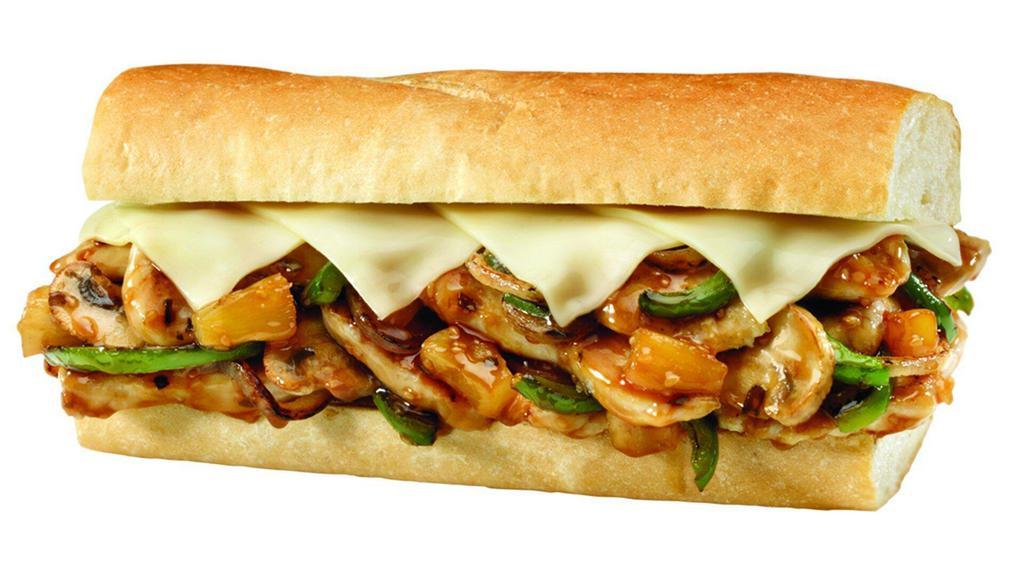 Chicken Teriyaki (Small) · Your choice of Teriyaki Glazed Chicken Breast or Sirloin Steak with Grilled Onions, Bell Peppers, Mushrooms, Pineapple and Melted American Cheese.