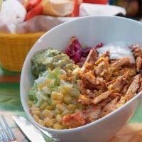 Chicken Burrito Bowl · Grilled chicken burrito bowl. Served with white rice, black beans, corn, pico de gallo, ched...