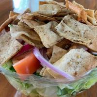 Fattoush Salad · Prepared with lettuce, tomatoes, cucumbers, radish, thyme, green peppers, parsley, olive oil...