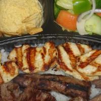 Trio Platter · Chicken kabobs, kafta kabobs, and steak tips served over rice with sides of hummus and salad...