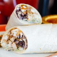 Burrito Pollo A La Parrilla (Grilled Chicken Breast) · Chicken breast, rice, beans, lettuce, sour cream, and Oaxaca cheese